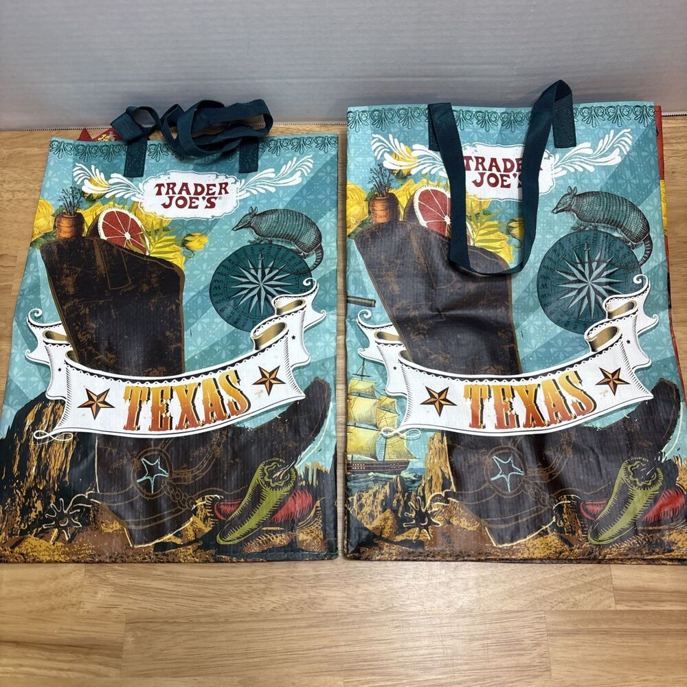 2 Trader Joe REUSABLE GROCERY BAGS Tote TEXAS Cowboy Boot YELLOW ROSE Armadillo